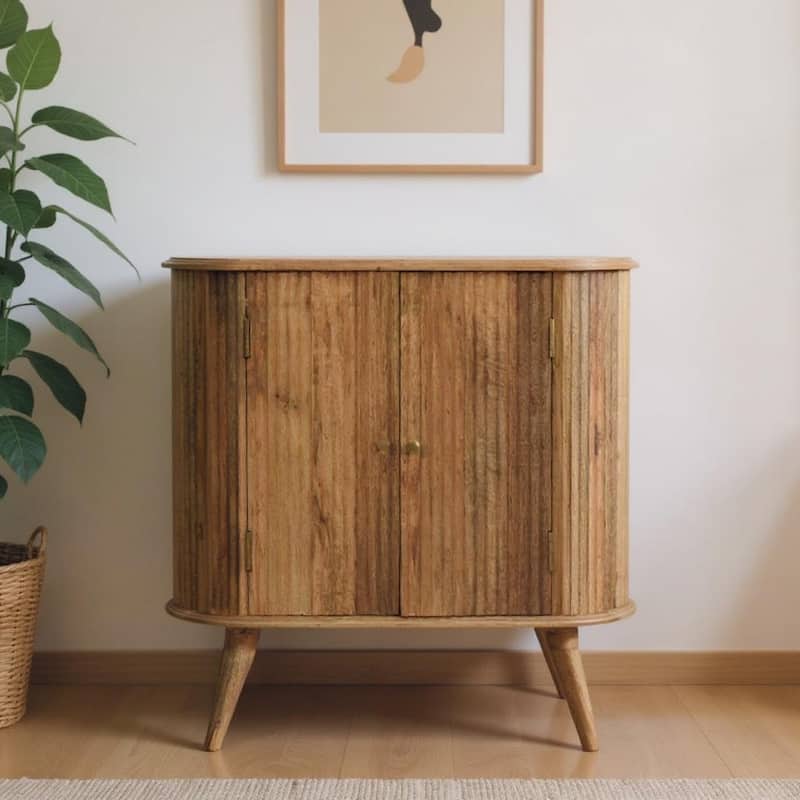 HomeRoots 32" Brown Solid Wood Oval Ribbed Texture Cabinet With Two Doors - Brown