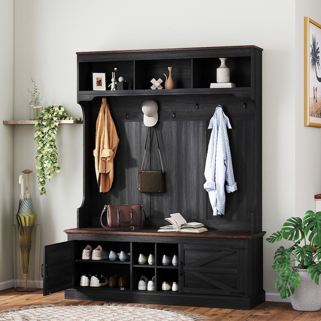 3-in-1 Farmhouse Hall Tree with Bench, Coat Hooks & Shoe Storage