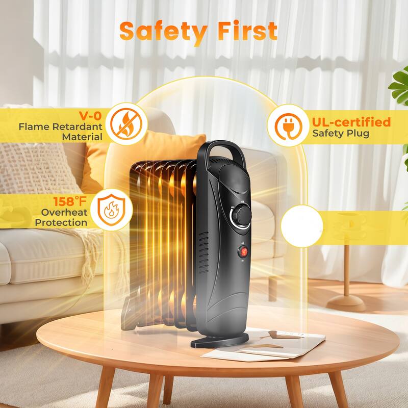 Black Electric Room Heater 700W Silent Operation with Overheat Protection for Bedroom or Office - 12" x 5.5" x 15"