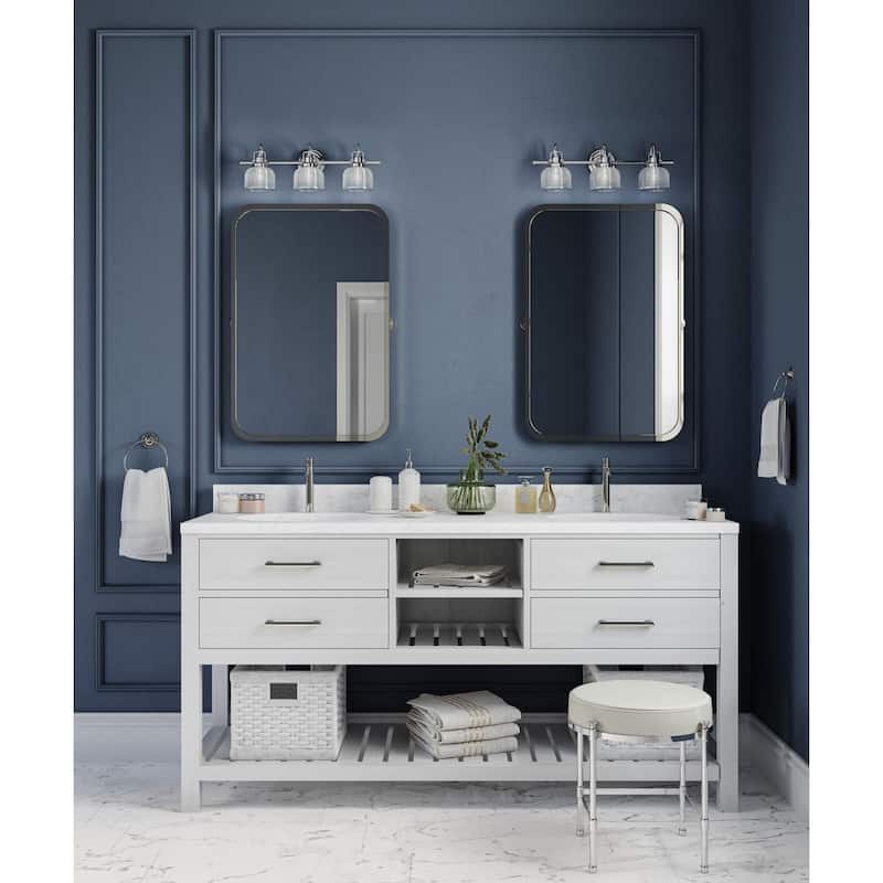 Archie Collection Three-Light Polished Chrome Clear Double Prismatic Glass Coastal Bath Vanity Light - 8.75" x 26.25" x 7.25"
