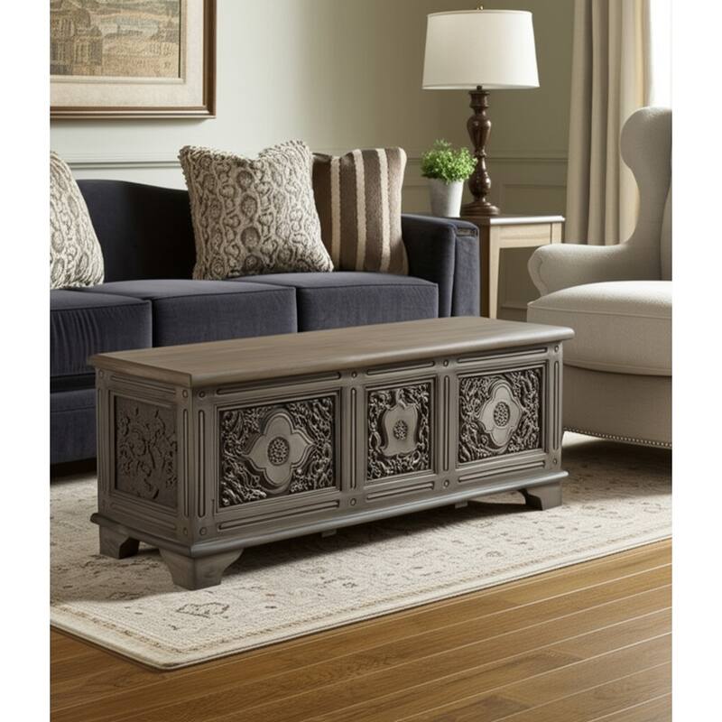 HomeRoots 54" Brown Carved Floral Solid Wood Storage Ottoman - 54' X '18' X '18 - Brown