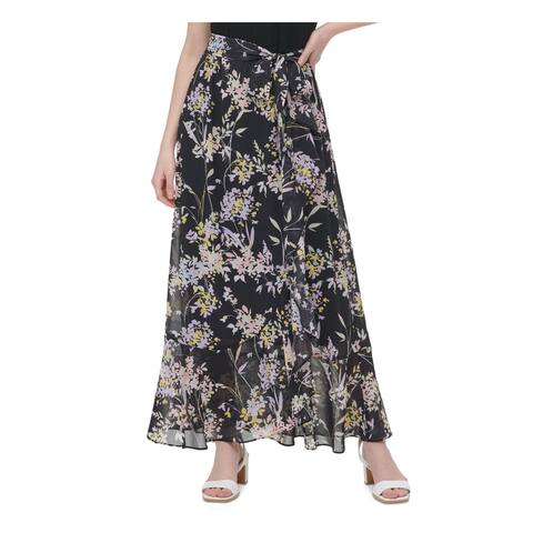 CALVIN KLEIN Womens Black Belted Floral Maxi Skirt Size XL