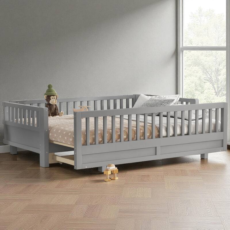 Convertible Twin/Twin XL Solid Wood Platform Bed with Guardrails, Expands to Double Twin or Queen Size, Durable Frame