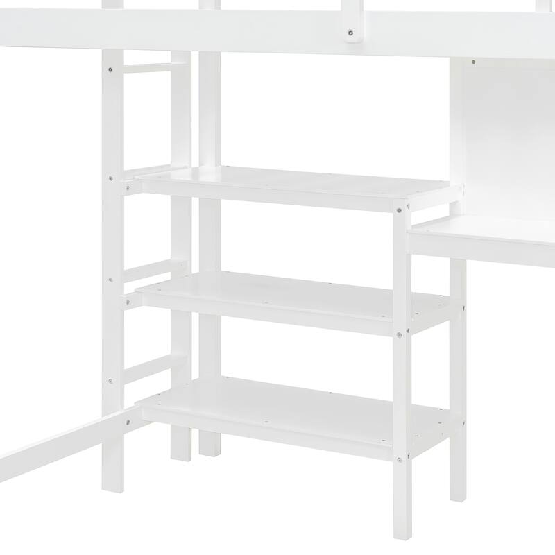 Twin Size Wooden Loft Bed with Built-In Desk, 3-Tier Shelves, Writing Board and Safety Guardrails, Space-Saving Design