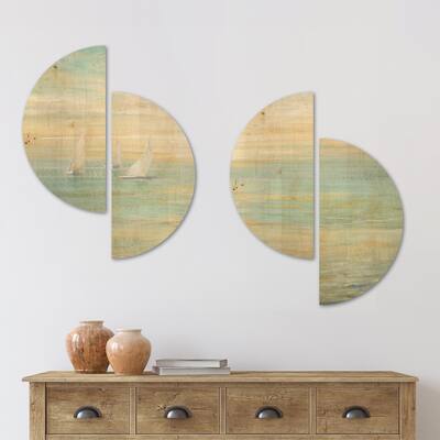 Designart 'Sunrise Boat I' Nautical & Coastal Wood Wall Art Set of 4 Half Circles