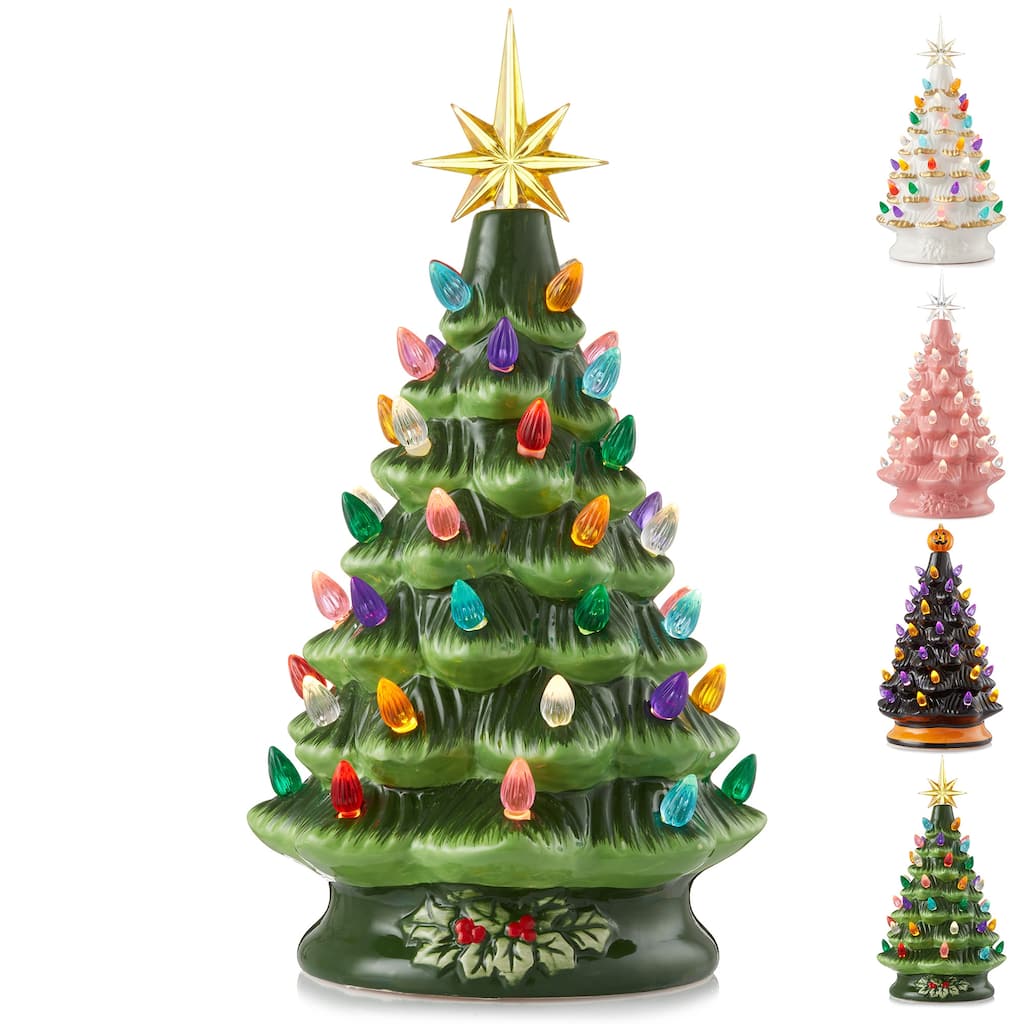12in Hand Painted Ceramic Christmas Tree PreLit Tree with Star