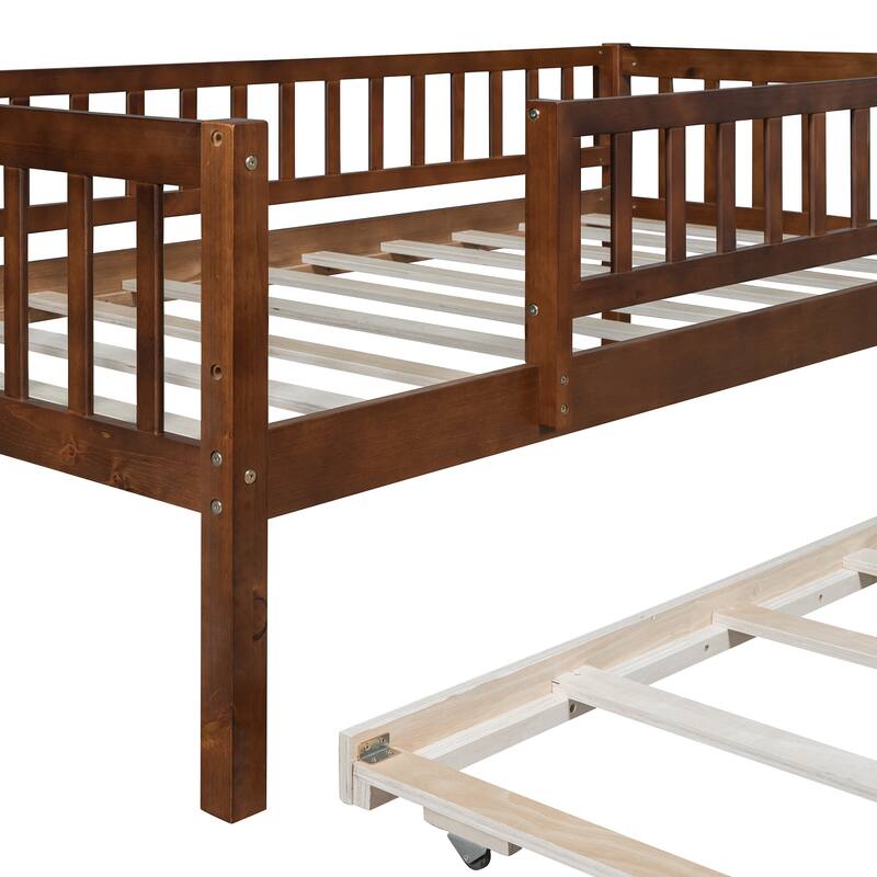 Twin Size Wood Daybed with Trundle and Safety Guardrails, Walnut Finish