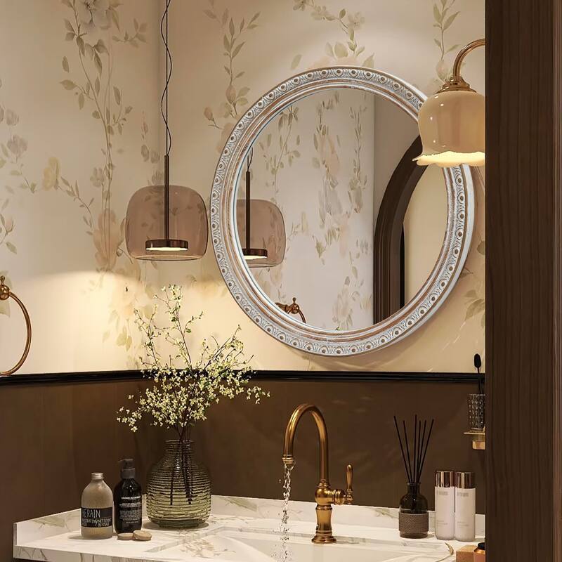 Ornate Round Wall Mirror - Ancient White