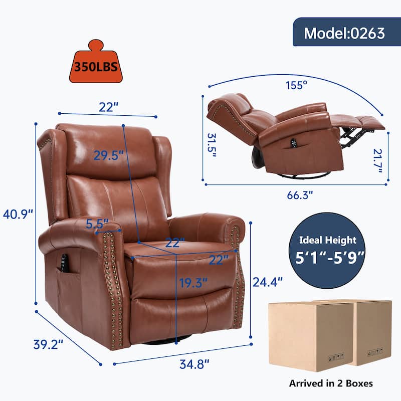 360° Swivel Rocking Recliner with Heat & Massage, Genuine Leather