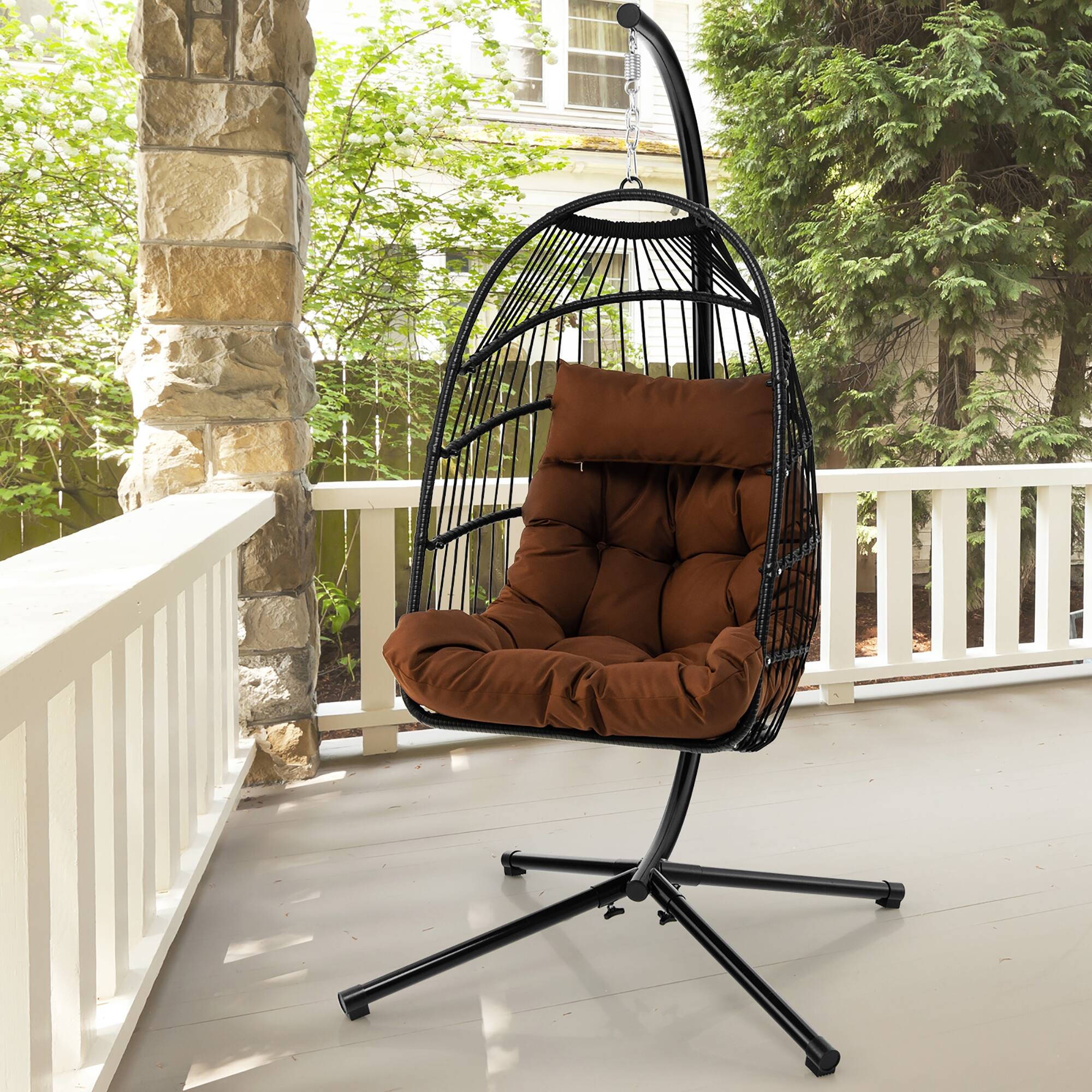 Patio Hanging Egg Chair with Stand Waterproof Cover Folding Basket