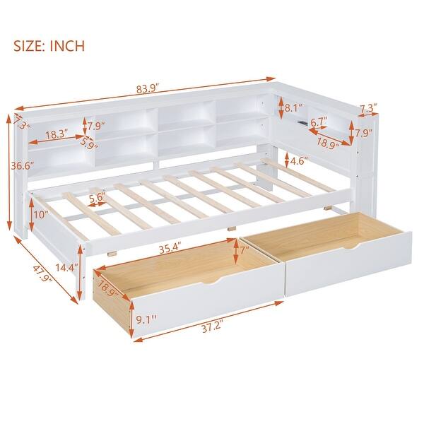 dimension image slide 4 of 5, USB Ports on L-Shape Storage Headboard Bed Frame, Wooden DayBed Sofa Bed, Wooden Slat Platform Bed with 2 Drawers