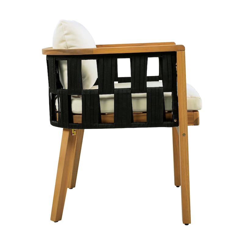 Christopher Knight Home Marrick Patio Acacia Wood Dining Chair with Cream Cushion and Black Flat Rope