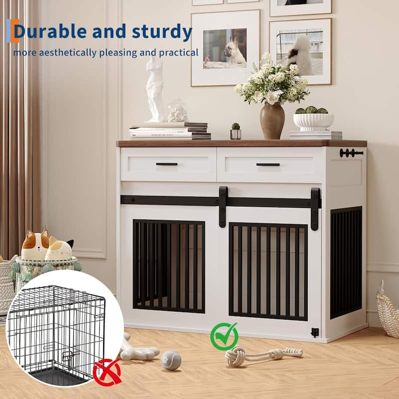 Dog Crate Furniture with Barn Door, Indoor Kennel Table with Storage - N/A