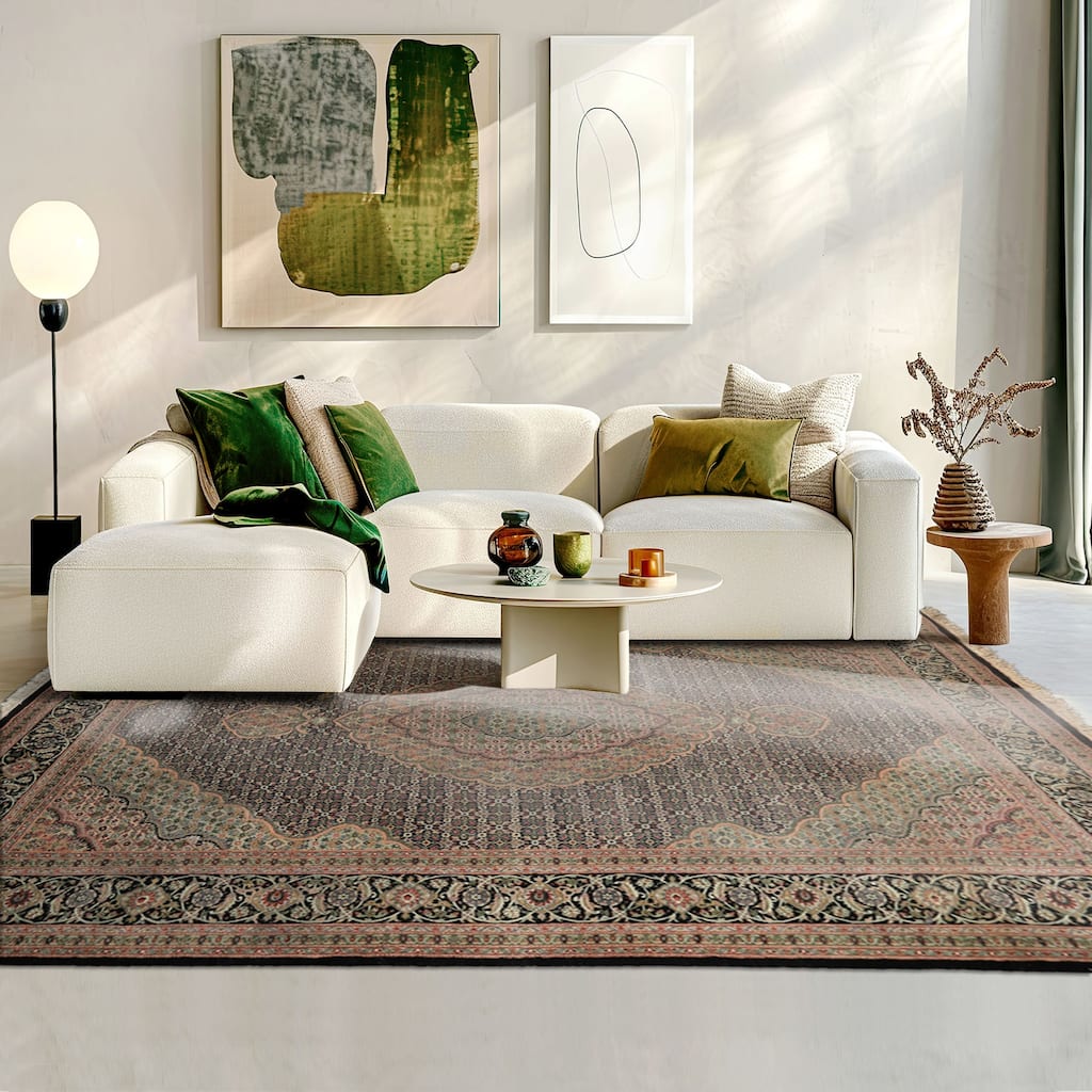 6x9 Hand Knotted Wool & Silk Black 300 KPSI Mahi Taabriz Vintage Rug - 6' x 9'