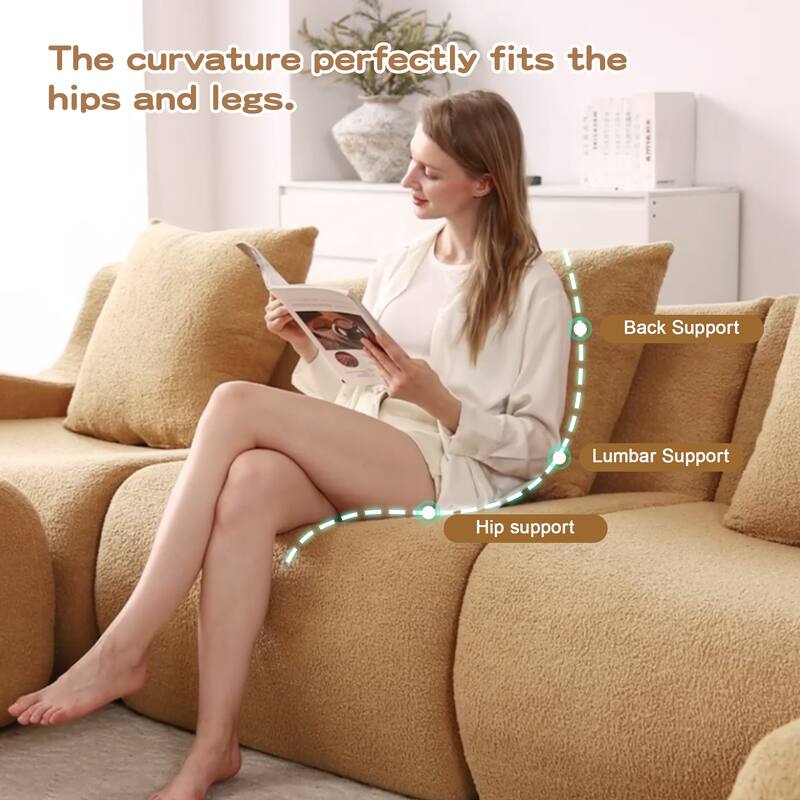 Modern 3-Seater Boneless Sofa, 115.3" Teddy Fabric Couch with Curved Armrests, Anti-Slip Base, No Assembly for Living Room