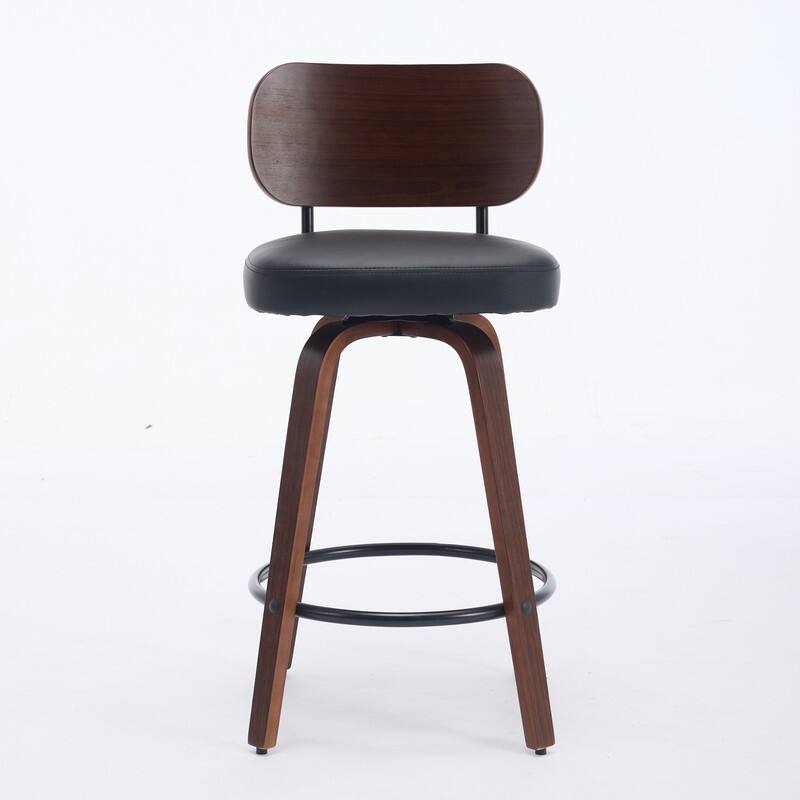 Swivel Bar Stools Set of 2, 26" Upholstered Faux Leather Counter Height Barstools with Walnut Back & Bentwood Legs