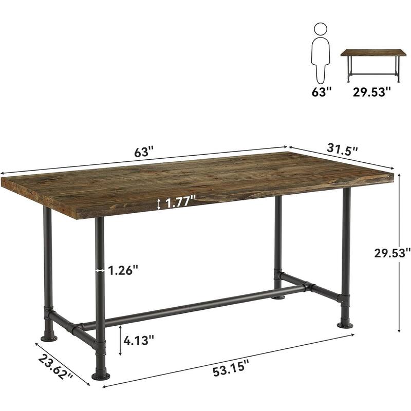 63" Solid Wood Rectangular Dining Table, Industrial Kitchen Table with Metal Footrest and Heavy-Duty Metal Frame for 4-6 Persons