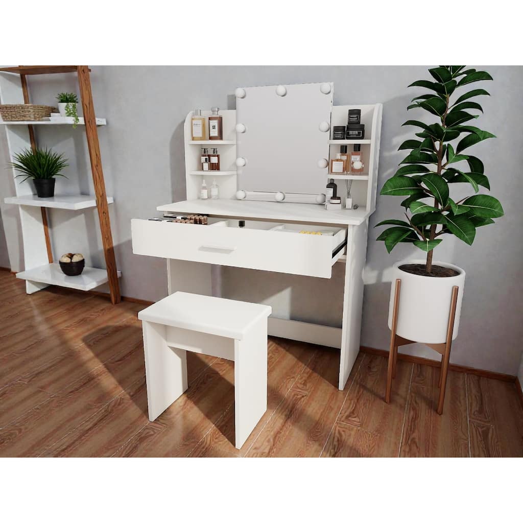 Modern One-Drawer Vanity Table with Adjustable Mirror, Stool & Storage Shelves, Compact Makeup Desk for Small Bedrooms