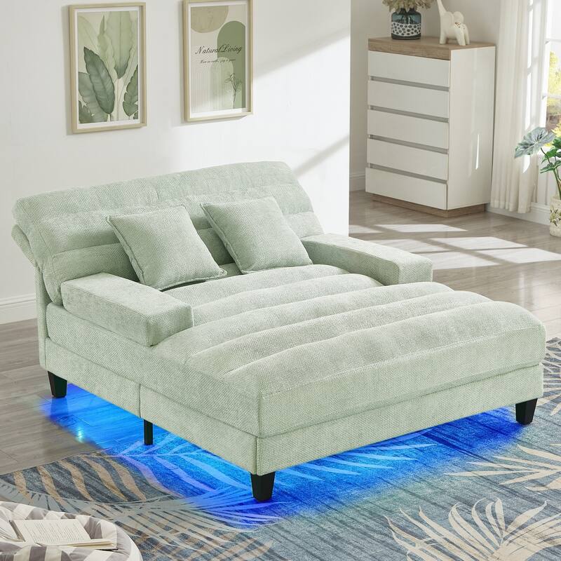 Modern Chaise Lounge Sofa 57.1" Sofa Bed Upholstered Lounge Sofa Chair with Adjustable Backrest and LED Light Strip - Green