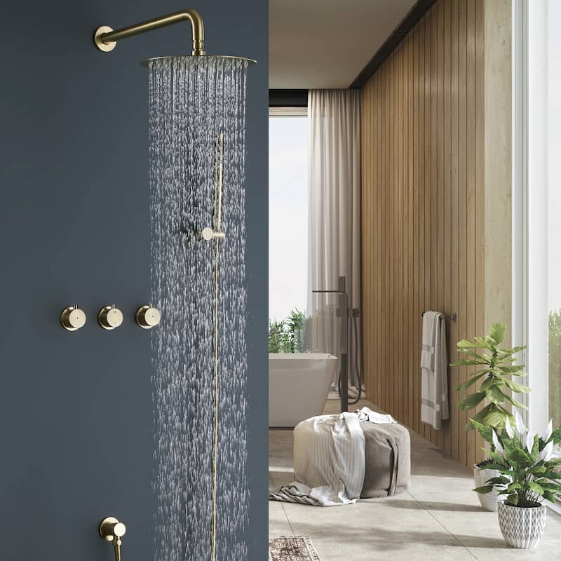 Triple Handle 2-Spray Shower Faucet 1.8 GPM with Ceramic Disc Valves Brass Wall Mounted Shower System in Brushed Gold - Gold