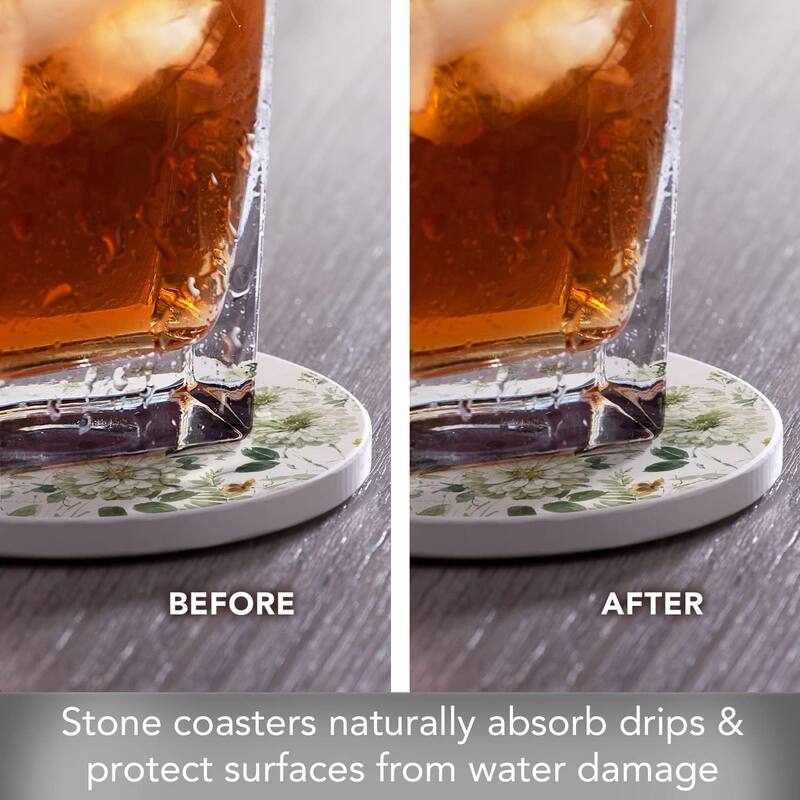 Green Fields 4 Pack Round Absorbent Stone Coasters with Protective Cork Backing Manufactured in The USA Artistic, Absorbent