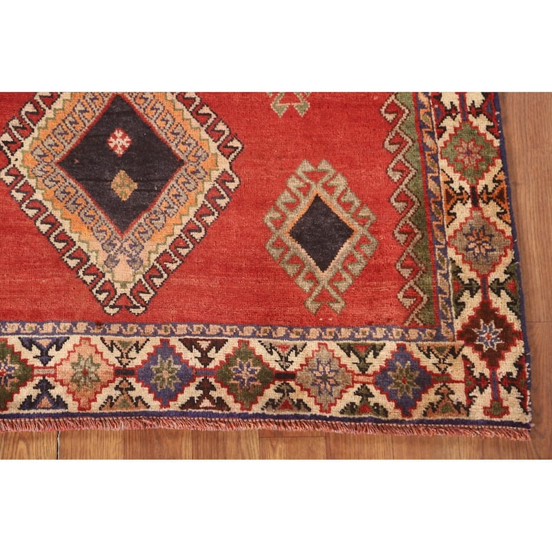 Geometric Shiraz Persian Vintage Accent Rug Hand-Knotted Wool Carpet - 3'4" x 4'11"