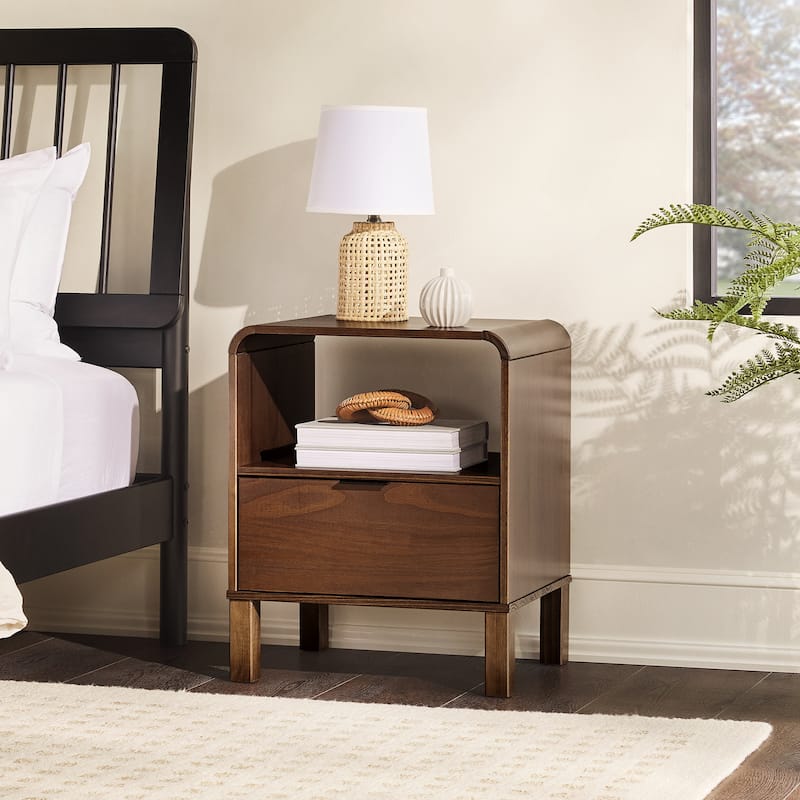 Modern Curved-Top Solid Wood Nightstand with Drawer and Open Storage - Brown - Brown