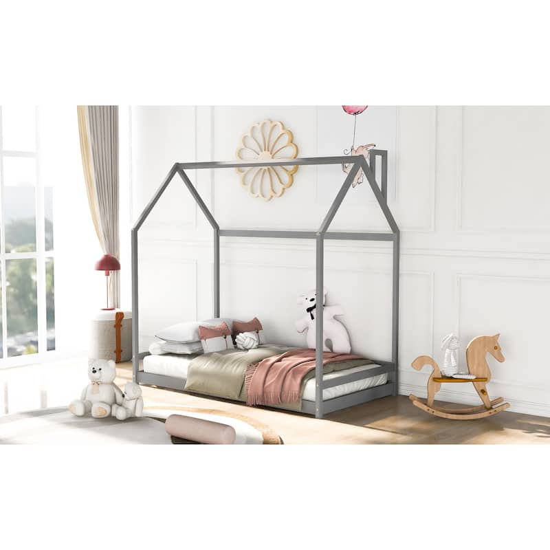 Twin/Full Size Wooden House Bed for Kids, Semi-Enclosed Playhouse Design with Roof, Perfect for Bedroom Fun and Sleep