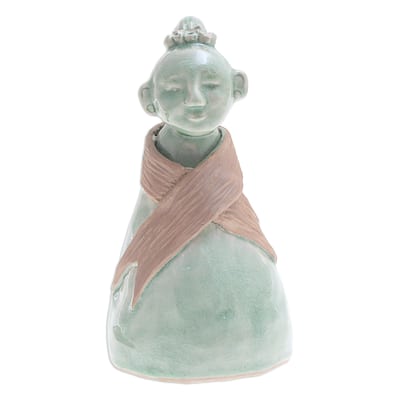 Novica Handmade Hill Tribe Woman Celadon Ceramic Sculpture