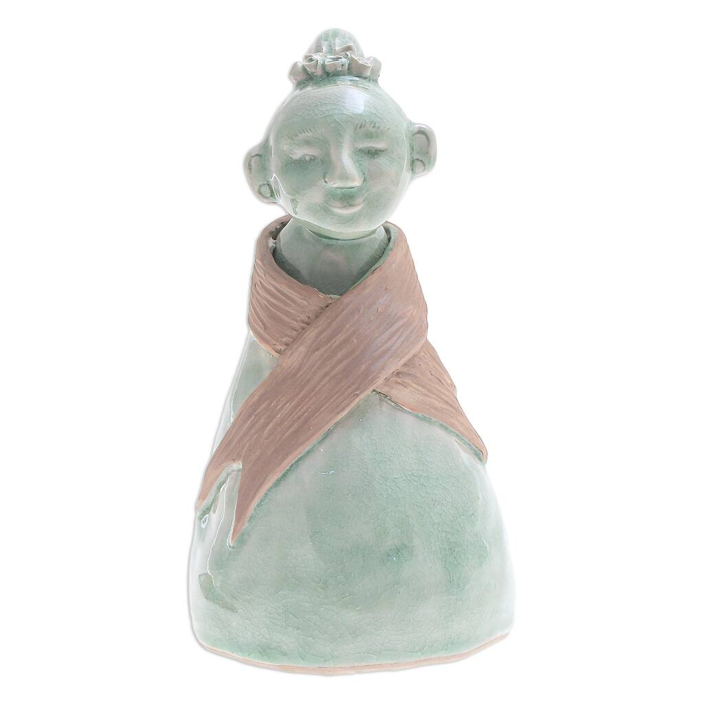 Novica Handmade Hill Tribe Woman Celadon Ceramic Sculpture