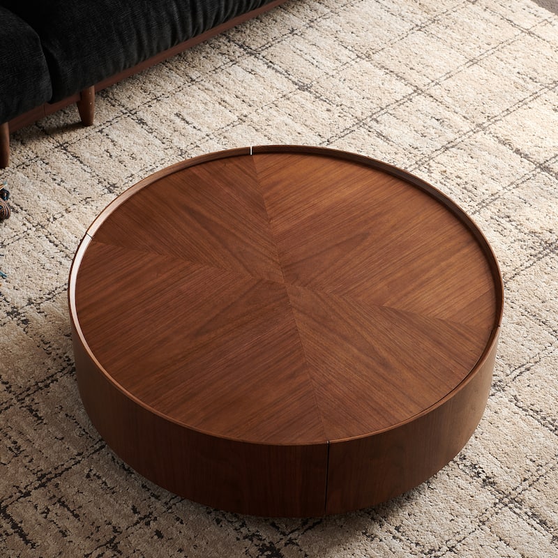 Circular Walnut Design Coffee Table with Drawers for