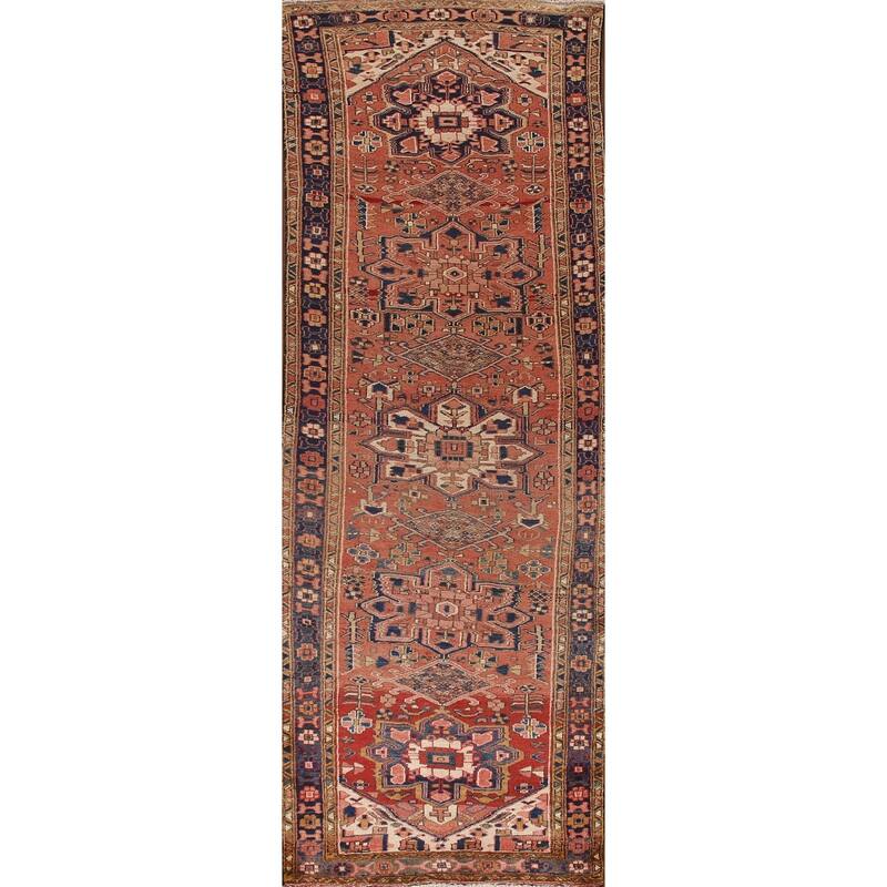 Geometric Heriz Persian Vintage Runner Rug Hand-Knotted Wool Carpet - 3'3"x 11'2"