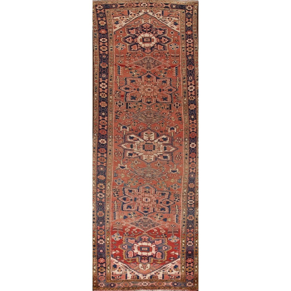 Geometric Heriz Persian Vintage Runner Rug Hand-Knotted Wool Carpet - 3'3"x 11'2"
