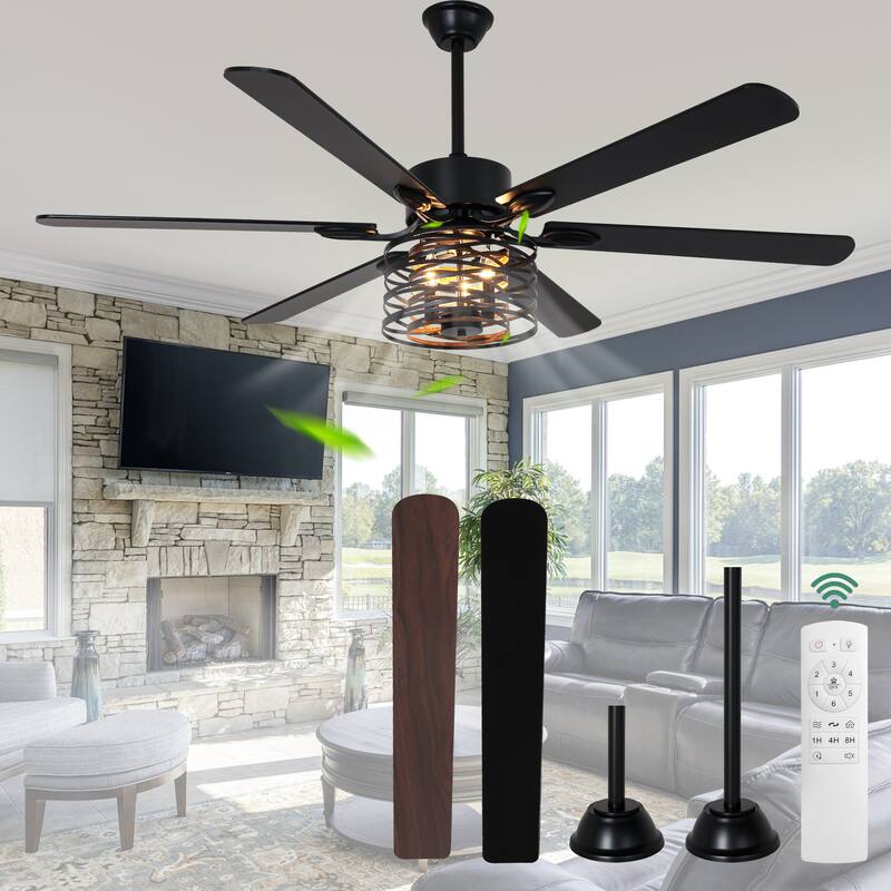 Cusp Barn 65 Inch Chandelier Fan Farmhouse Ceiling Fan with Light, Black Industrial Caged Silent Reversible DC Motor Ceiling Fan