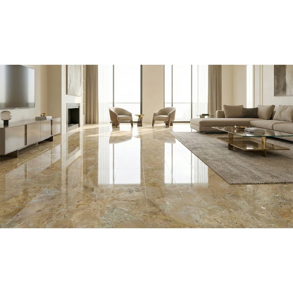 Roomfitters Gold Yellow Beige Natural Marble Tile, Polished Stone for Floor & Wall, Genuine Marble, 4-Piece Box