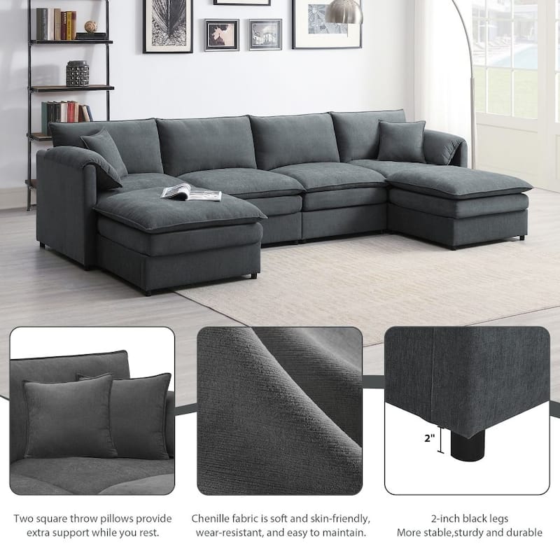 U Shaped Sectional Sofa with Double Cushions and Ottomans