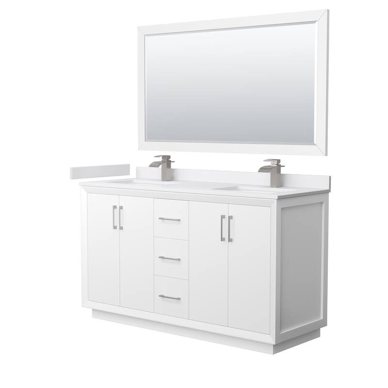 Strada 60-Inch Double Vanity Set, Cultured Marble Top, 58-Inch Mirror - White, Nickel Trim, White Cultured Marble Top