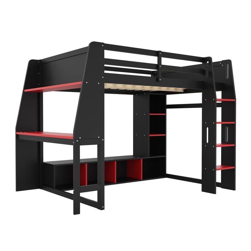 Roomfitters Twin/Full Gaming Loft Bed with Desk, Hanging Rack and LED Lights, Black and Red