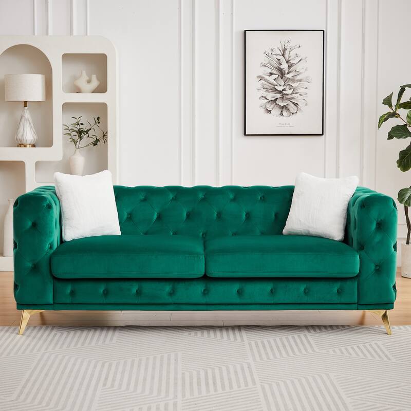 Modern Luxury Velvet Sofa with Chesterfield Quilted Button Accents - Green-82.5''