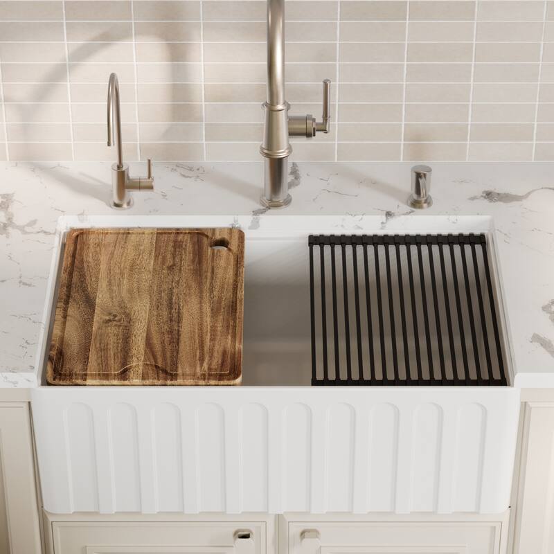 Karran 30" Single Bowl Workstation Fireclay Kitchen Sink with Reversible Fluted Apron Front