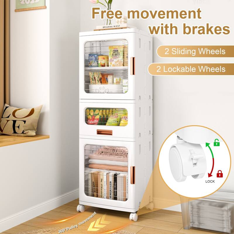 VECELO White Storage Cabinet Modular Organizer with 2 Adjustable Shelves 1 Drawer & Wheels Magnetic Transparent Doors for Closet