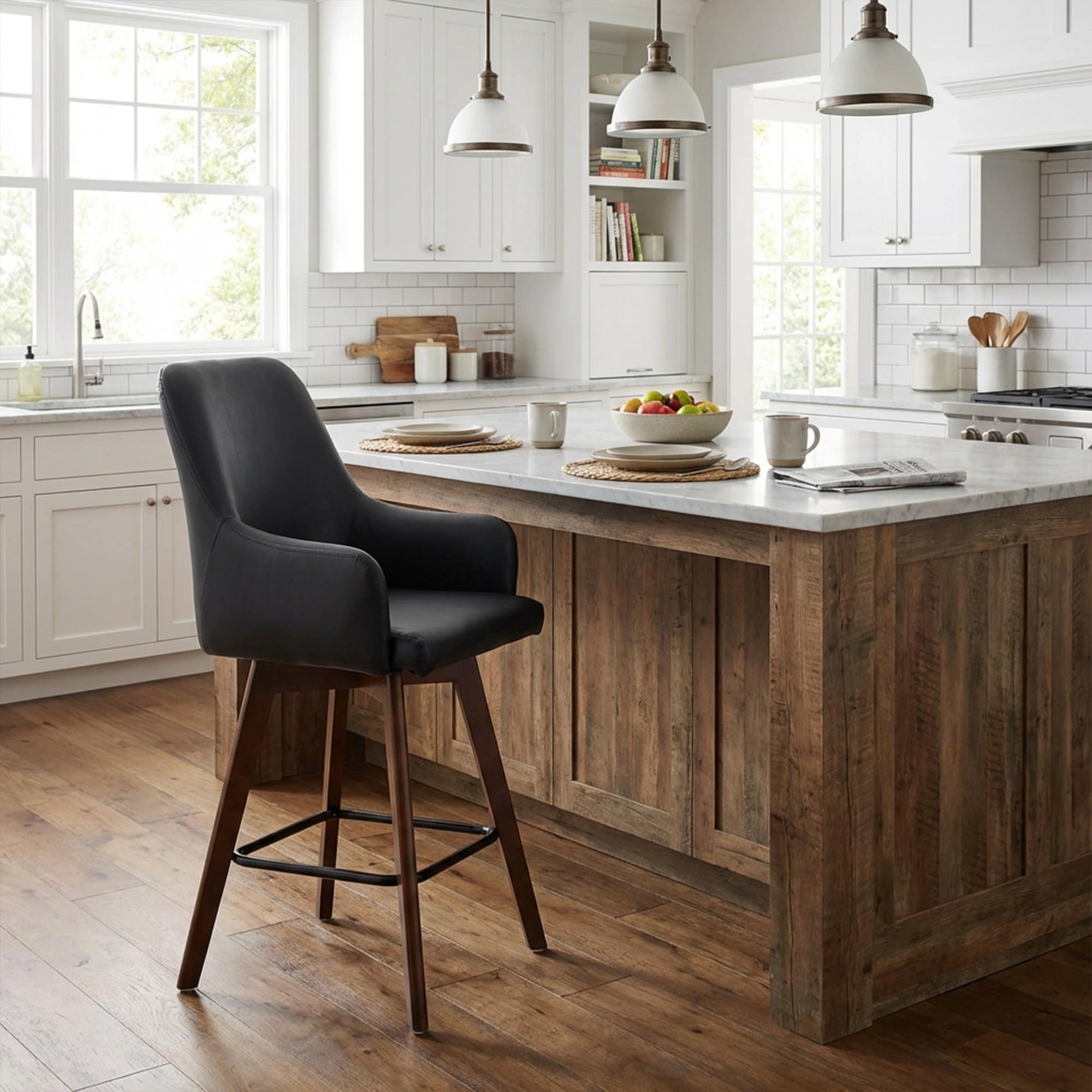 Swivel Counter Height Barstool Single Upholstered Bar Stools, Faux Leather/Chenille