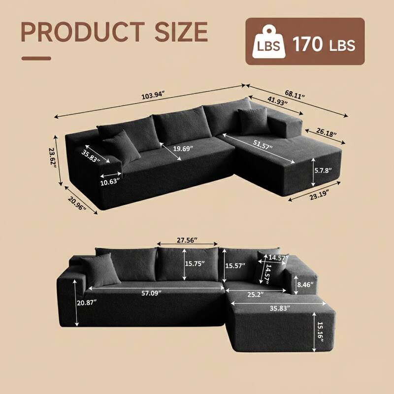 103.54" L-Shaped Modern High-Density Sponge Velvet Modular Sectional Sofa with Chaise & Pillows