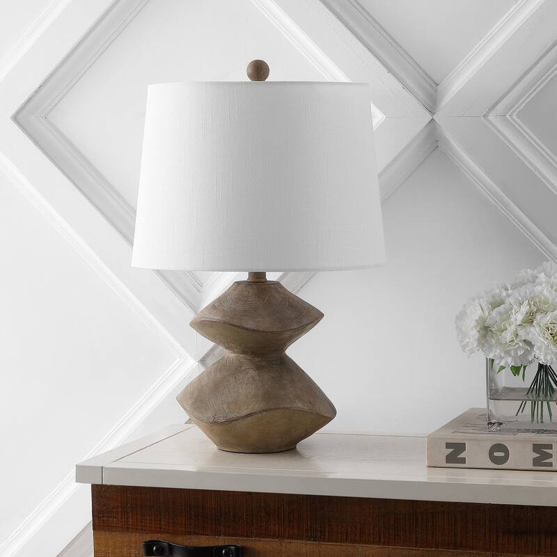 Leif 24.5" Minimalist Coastal Resin/Iron Cairn LED Table Lamp, Brown Wood Finish by JONATHAN Y