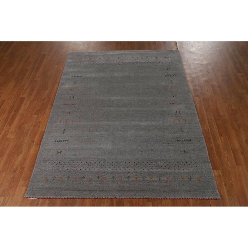 Hand Knotted Oriental 100% Wool Carpet Tribal Animal Pictorial Greys & Charcoal Gabbeh Area Rug - 7' 8'' X 5' 9''