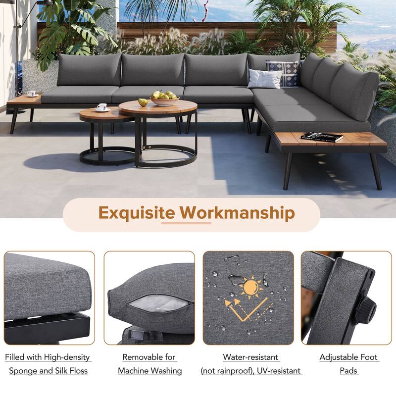 6-Piece Outdoor Patio Iron Modular Sectional Sofa Set with Nesting Coffee Tables and Side Storage Shelf