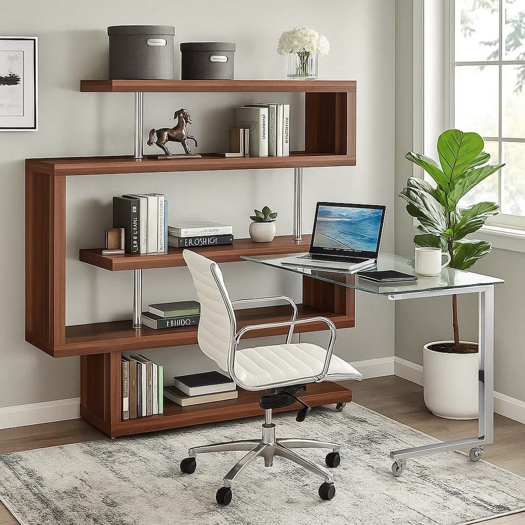 Writing Desk with 4 Swivel Etagere Shelf and Casters, Walnut Brown