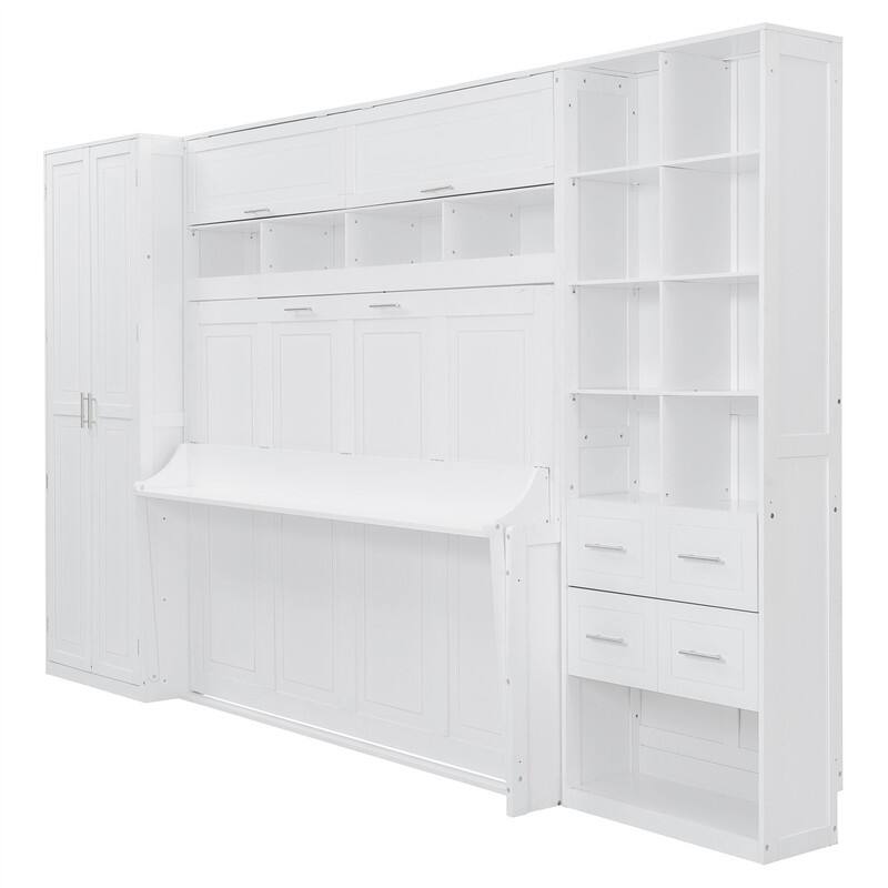 Full/Queen Size Murphy Wall Bed with Closet and 2 Storage Drawers, Space Saving Foldable Murphy Cabinet Bed with Storage Shelves