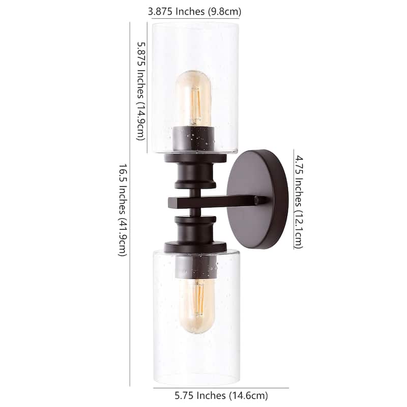 Jules Edison 16.5" Cylinder 2-Light Iron/Seeded Glass Farmhouse Contemporary LED Wall Sconce, Black by JONATHAN Y - One