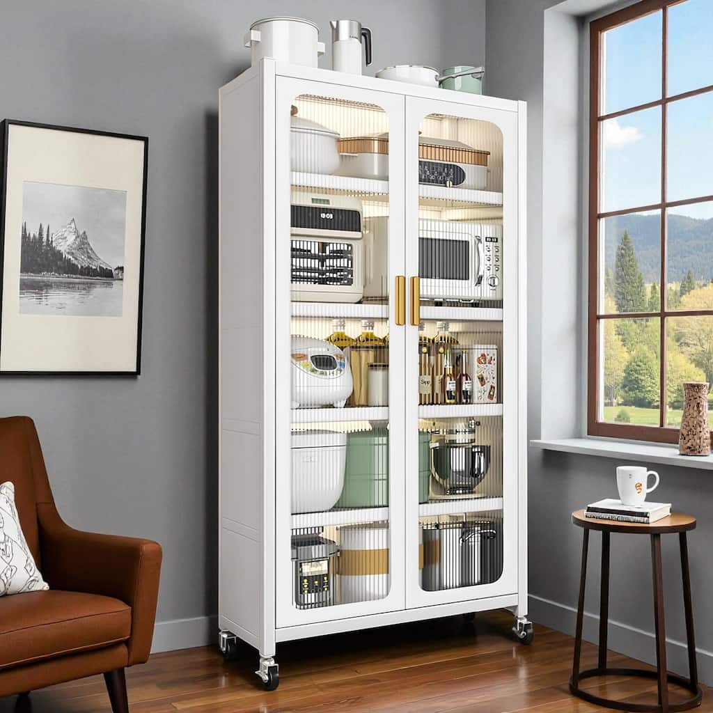 65" Metal Kitchen Pantry Storage Cabinet with Wheels, Adjustable Shelves and Transparent Doors for Living Room or Dining Room